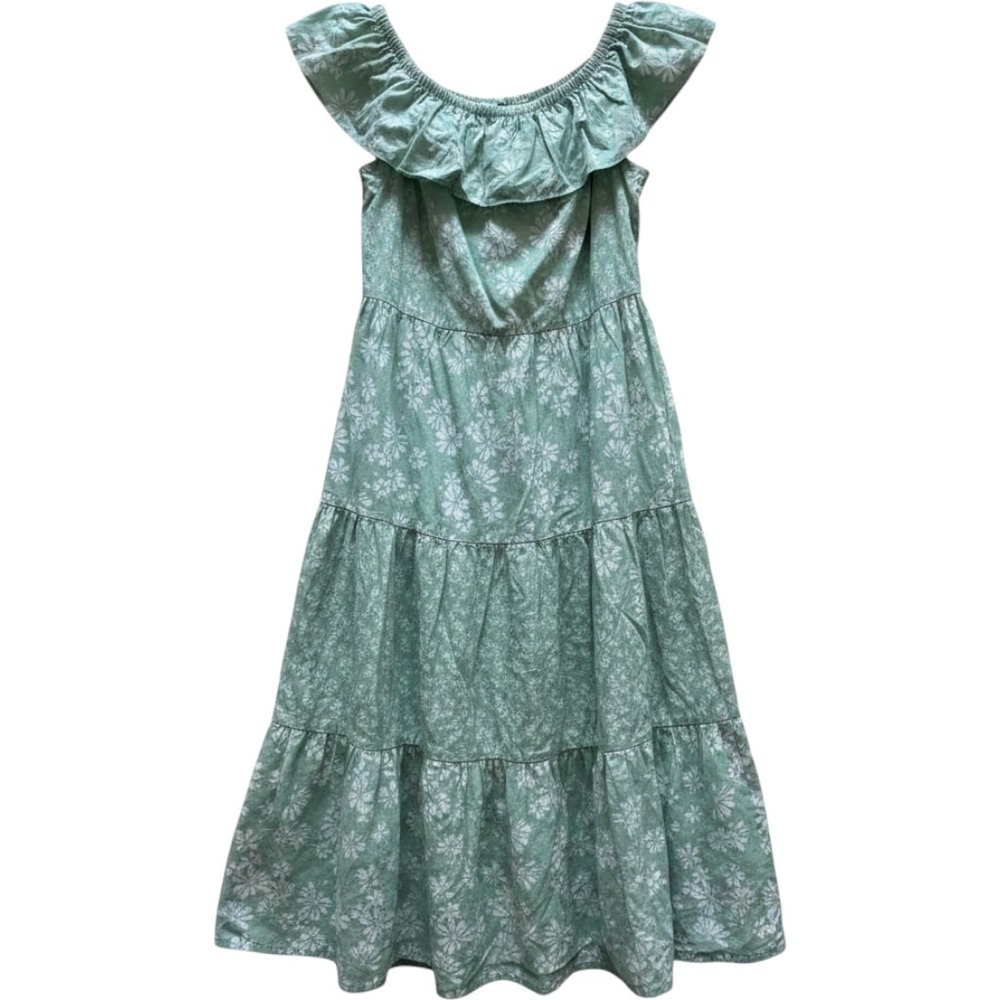 Cottagecore Milkmaid Green Floral Smocked Dress Midi Tiered Boho M Garden Party